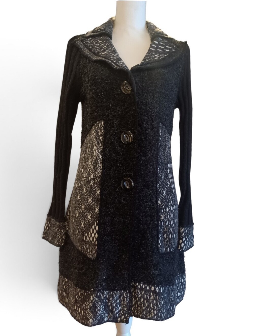 Sioni Black and White Contemporary Wool Blend Button Down Cardigan. Medium